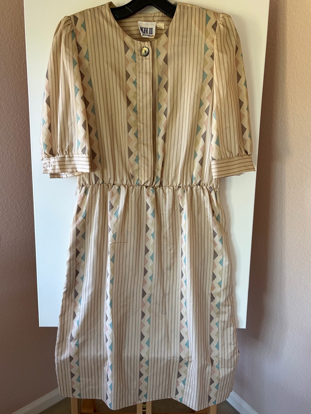 Vintage 80s KH II Secretary Midi Dress Size 8 Fits Small Beige Pockets *READ
